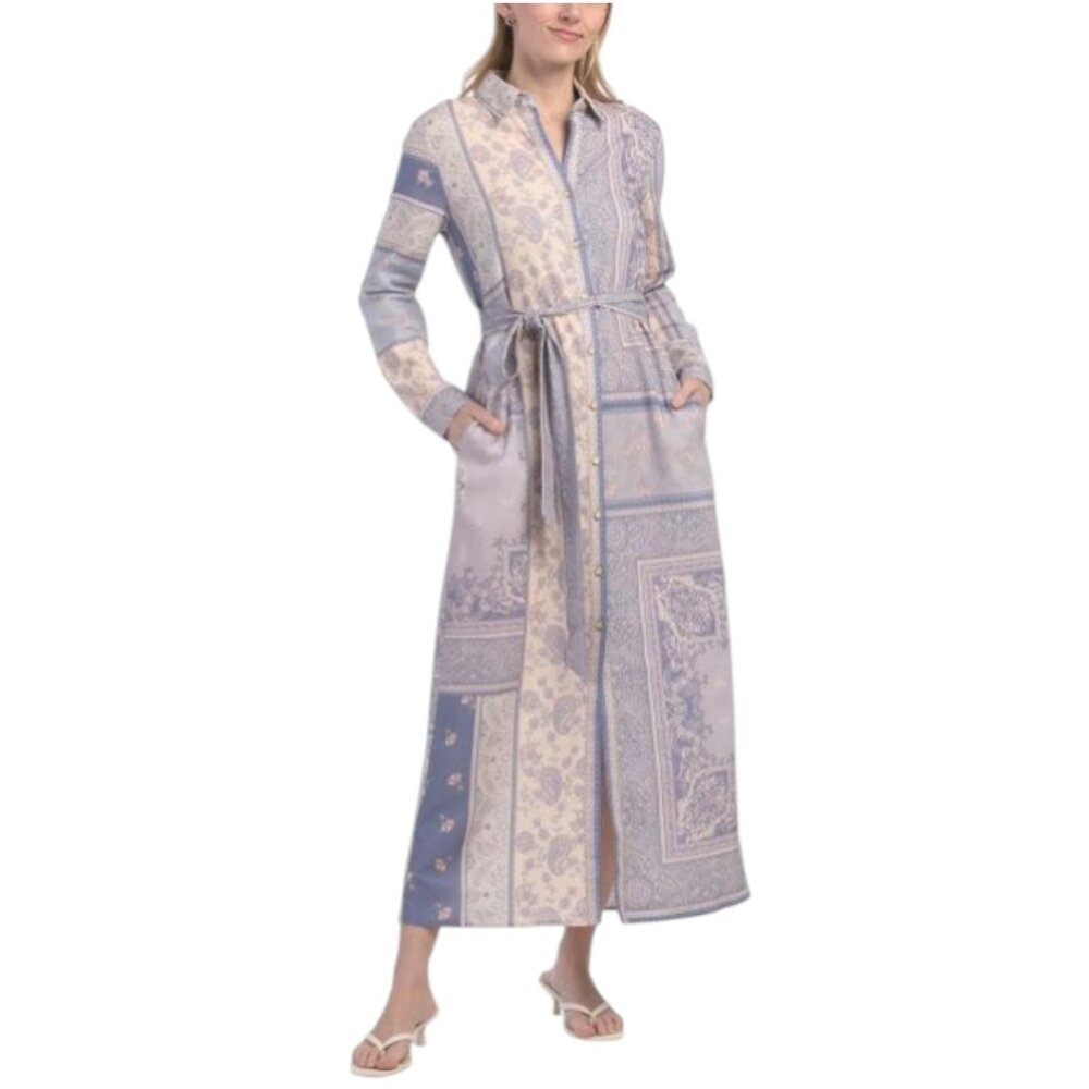 MAGASCHONI Linen Blend Long Sleeve Button Down Shirt Dress With Novelty Belt